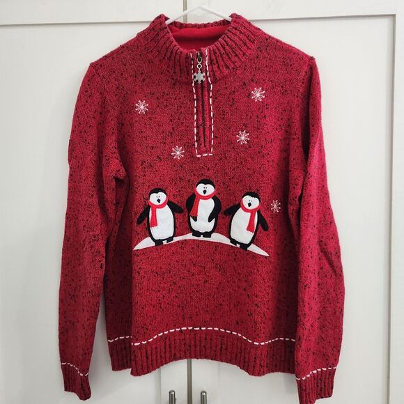 Christopher and Banks Womens Large Red Pullover 1/4 Zip Penguin Winter Sweater - Picture 1 of 8